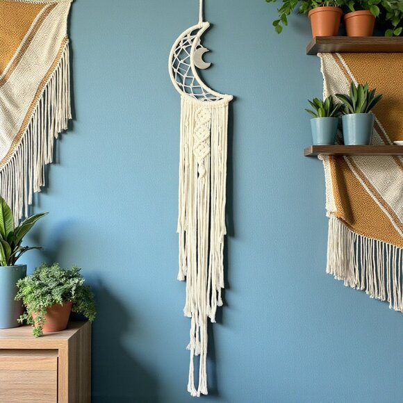 🆕️Macrame Moon Dreamcatcher 🌙Boho Chic Wall Hanging | Handcrafted Trendy Decor - Picture 1 of 11